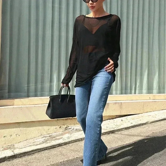 Black Boho Women's Solid Color Loose Fit Long Sleeve Round Neck Lightwei… - Picture 3 of 5